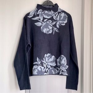 JOIE Mock Neck Floral Patterned Navy Sweater